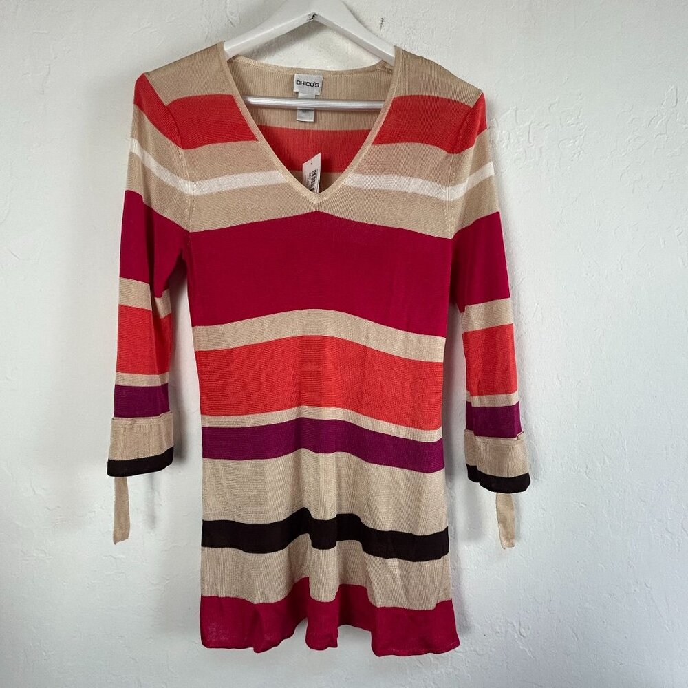 Chico's Womens Sunset Stripe Paradiso Tab Sweater Tunic Size 2 V-Neck Coral New
